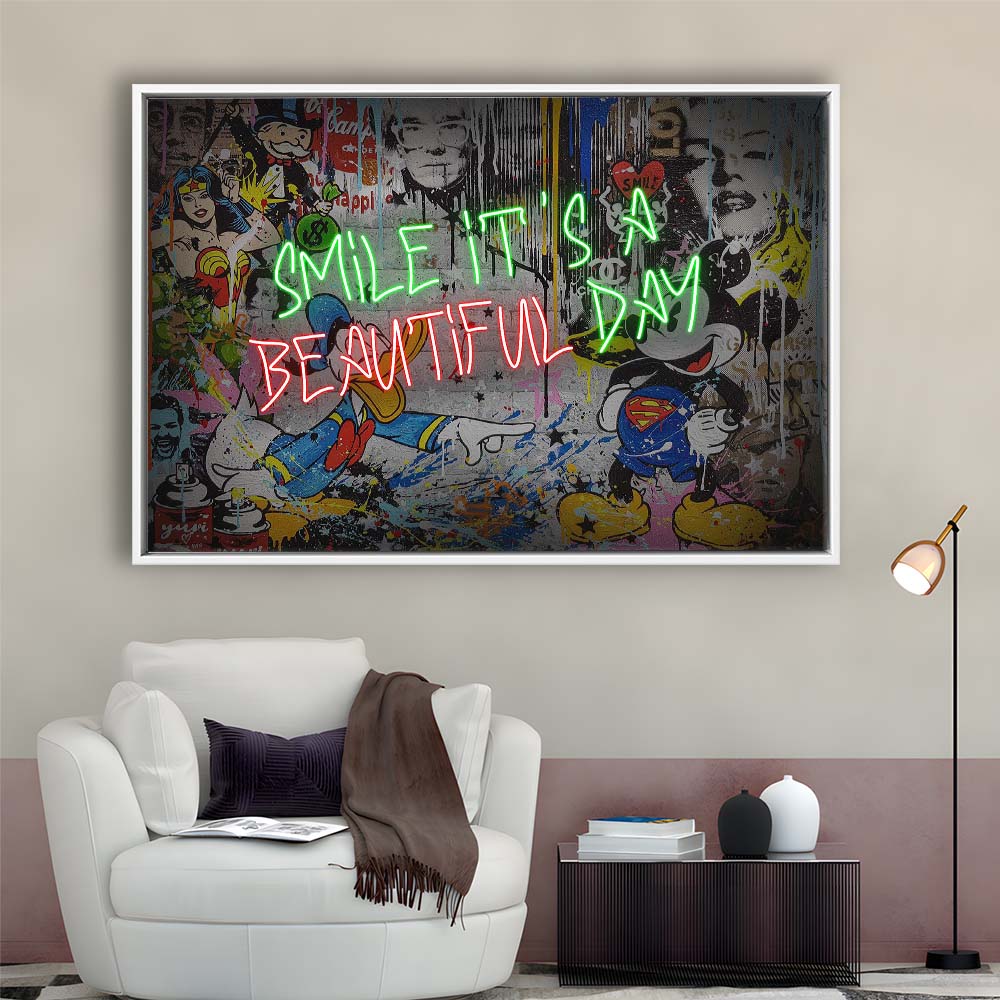 Smile, It'S A Beautiful Day Art Print, Framed Canvas Print Wall Art Decor, Floating Frame, Neon Effect Art