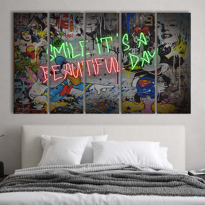 Smile, It'S A Beautiful Day Art Print, Extra Large 5 Panels Multi Canvas Print Wall Art, Home Decor