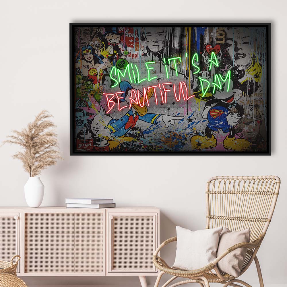 Smile, It'S A Beautiful Day Art Print, Framed Canvas Print Wall Art Decor, Floating Frame, Neon Effect Art