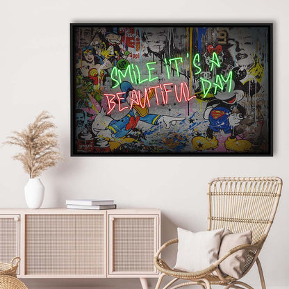 Smile, It'S A Beautiful Day Art Print, Framed Canvas Print Wall Art Decor, Floating Frame, Neon Effect Art