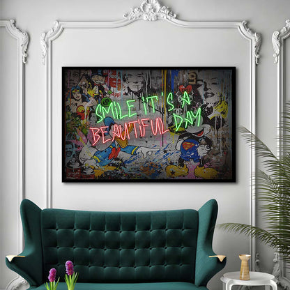 Smile, It'S A Beautiful Day Art Print, Framed Art Print Wall Decor, Neon Art Print, Picture Framed
