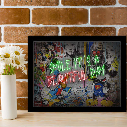 Smile, It'S A Beautiful Day Art Print, Framed Art Print Wall Decor, Neon Art Print, Picture Framed