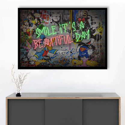 Smile, It'S A Beautiful Day Art Print, Framed Art Print Wall Decor, Neon Art Print, Picture Framed