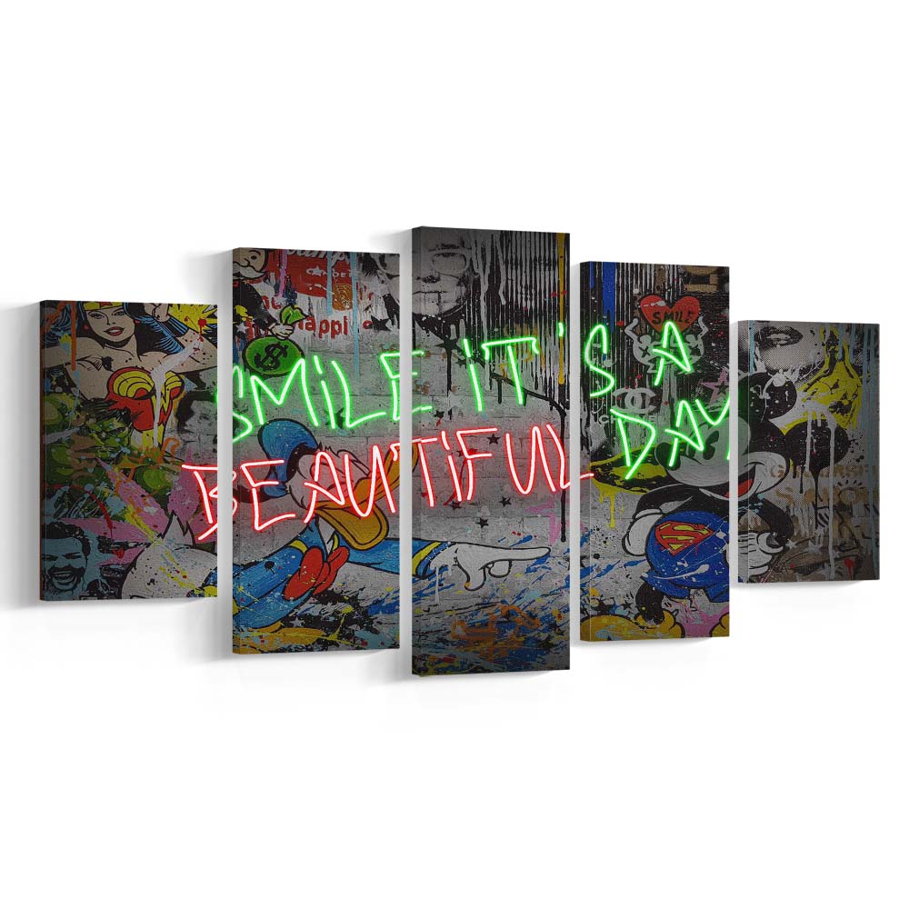 Smile, It'S A Beautiful Day Art Print, 5 Panel Mixed Canvas Print Wall Art, Home Decor, Neon Canvas