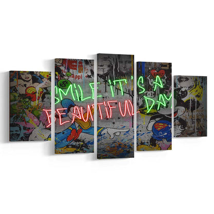 Smile, It'S A Beautiful Day Art Print, 5 Panel Mixed Canvas Print Wall Art, Home Decor, Neon Canvas