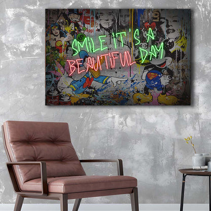 Smile, It'S A Beautiful Day Art Print, Canvas Print Wall Art, Wall Decor, Neon Effect Art