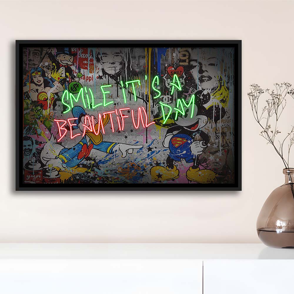 Smile, It'S A Beautiful Day Art Print, Framed Canvas Print Wall Art Decor, Floating Frame, Neon Effect Art