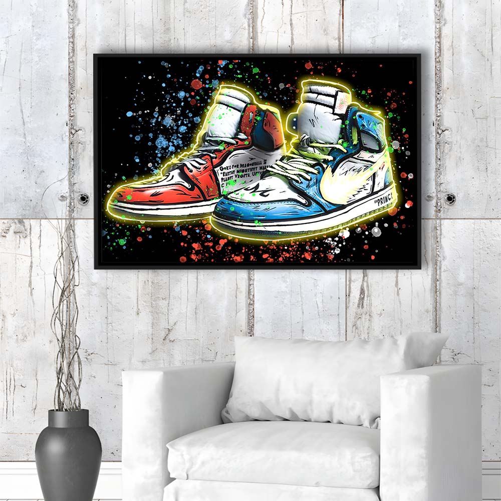 Sneakers Art, Shoes Painting, Painting Art Print, Framed Canvas Print Wall Art Decor, Floating Frame, Neon Effect Art