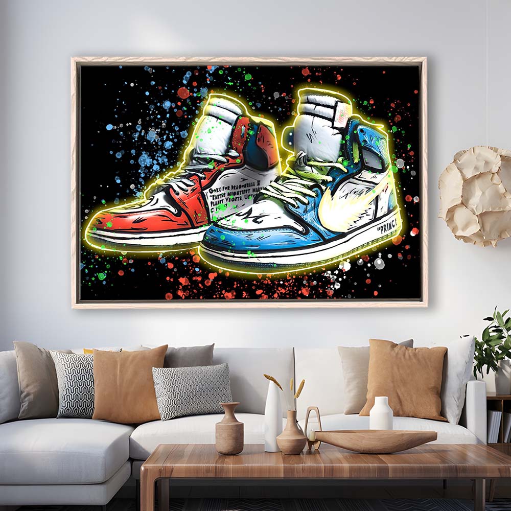 Sneakers Art, Shoes Painting, Painting Art Print, Framed Canvas Print Wall Art Decor, Floating Frame, Neon Effect Art