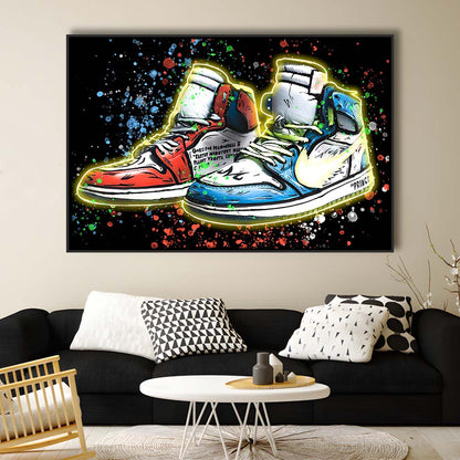 Sneakers Art, Shoes Painting, Painting Art Print, Framed Canvas Print Wall Art Decor, Floating Frame, Neon Effect Art