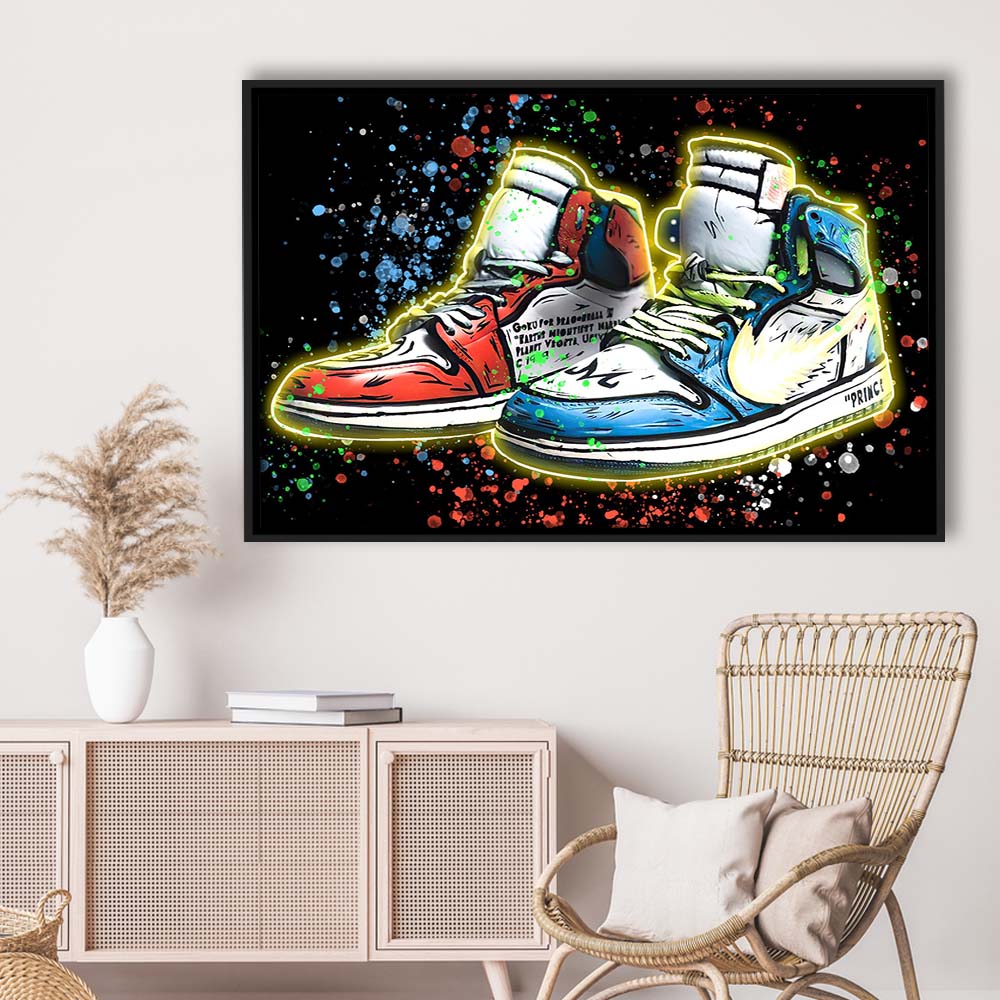 Sneakers Art, Shoes Painting, Painting Art Print, Framed Canvas Print Wall Art Decor, Floating Frame, Neon Effect Art