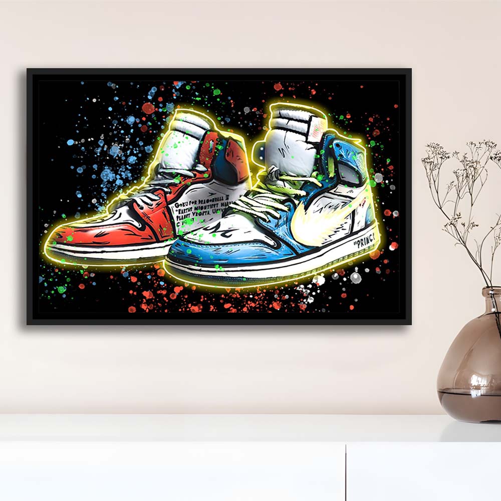 Sneakers Art, Shoes Painting, Painting Art Print, Framed Canvas Print Wall Art Decor, Floating Frame, Neon Effect Art