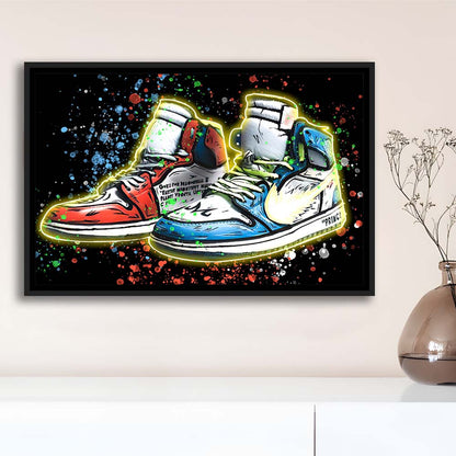 Sneakers Art, Shoes Painting, Painting Art Print, Framed Canvas Print Wall Art Decor, Floating Frame, Neon Effect Art