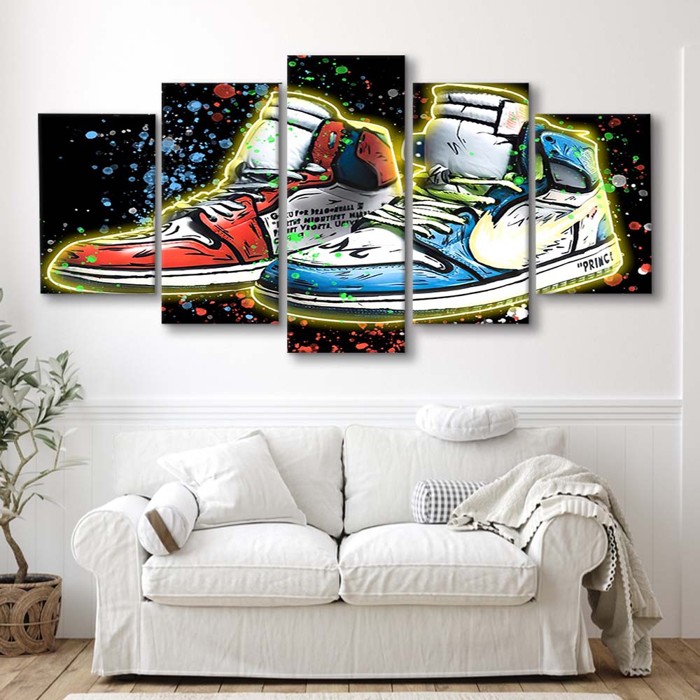 Sneakers Art, Shoes Painting, Painting Art Print, 5 Panel Mixed Canvas Print Wall Art, Home Decor, Neon Canvas