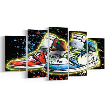 Sneakers Art, Shoes Painting, Painting Art Print, 5 Panel Mixed Canvas Print Wall Art, Home Decor, Neon Canvas