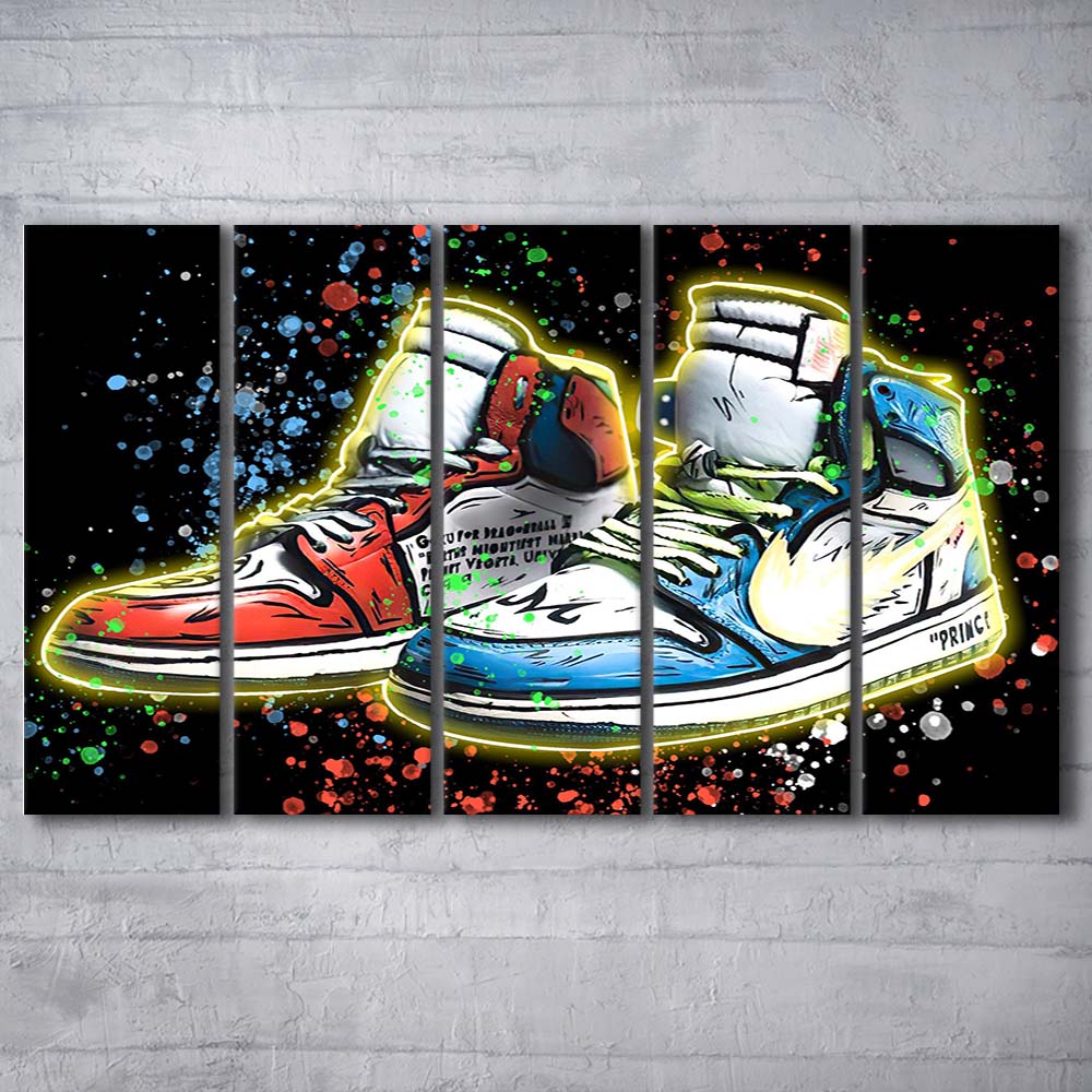 Sneakers Art, Shoes Painting, Painting Art Print, Extra Large 5 Panels Multi Canvas Print Wall Art, Home Decor