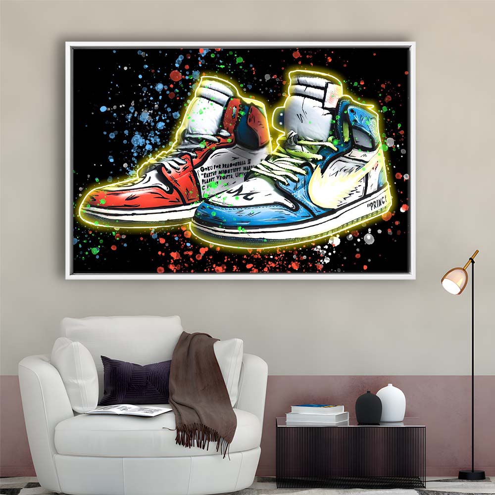 Sneakers Art, Shoes Painting, Painting Art Print, Framed Canvas Print Wall Art Decor, Floating Frame, Neon Effect Art
