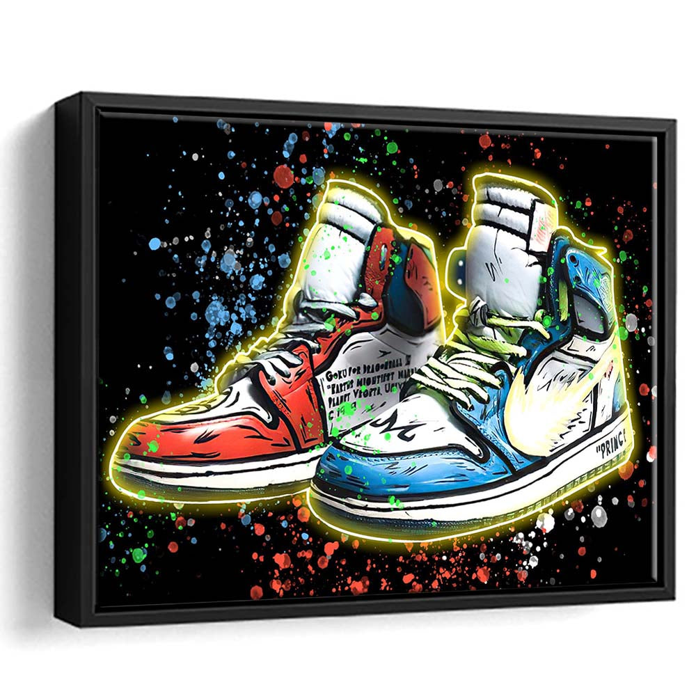 Sneakers Art, Shoes Painting, Painting Art Print, Framed Canvas Print Wall Art Decor, Floating Frame, Neon Effect Art