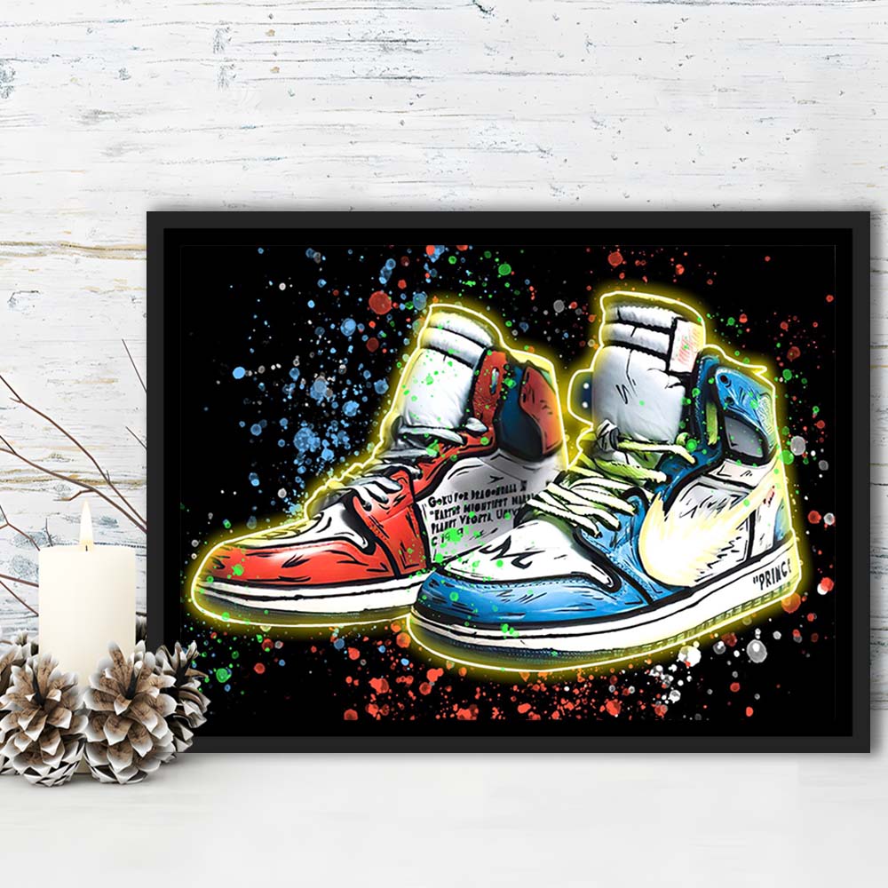 Sneakers Art, Shoes Painting, Painting Art Print, Framed Canvas Print Wall Art Decor, Floating Frame, Neon Effect Art