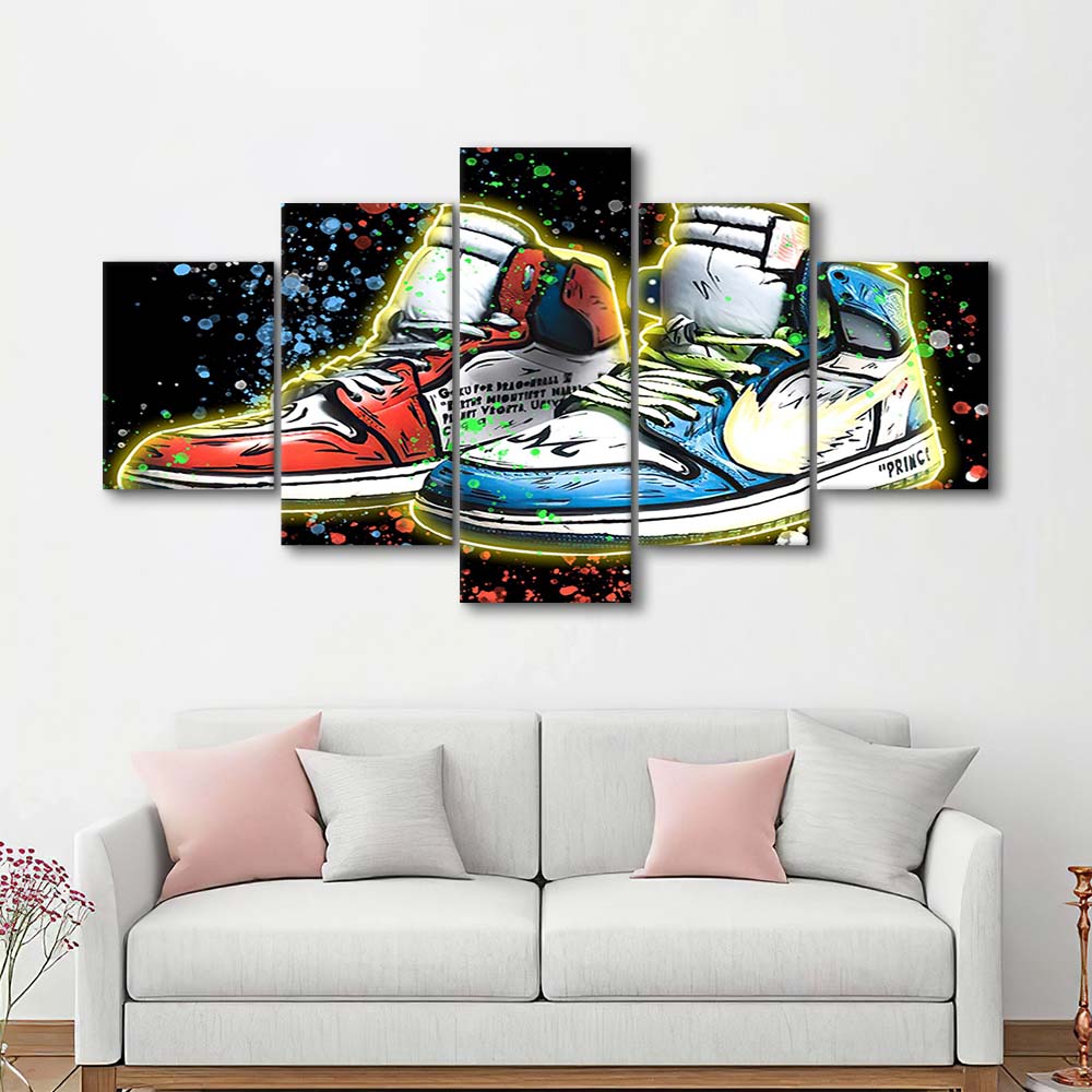 Sneakers Art, Shoes Painting, Painting Art Print, 5 Panel Mixed Canvas Print Wall Art, Home Decor, Neon Canvas