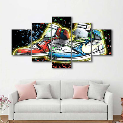 Sneakers Art, Shoes Painting, Painting Art Print, 5 Panel Mixed Canvas Print Wall Art, Home Decor, Neon Canvas