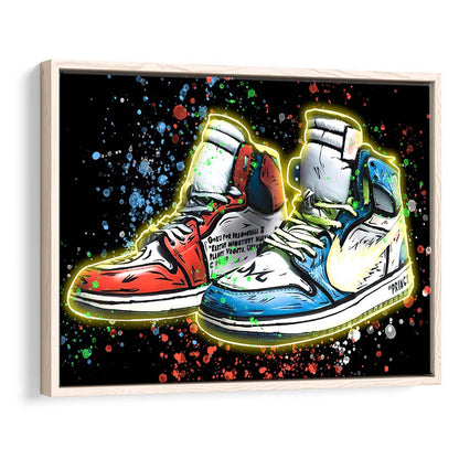 Sneakers Art, Shoes Painting, Painting Art Print, Framed Canvas Print Wall Art Decor, Floating Frame, Neon Effect Art