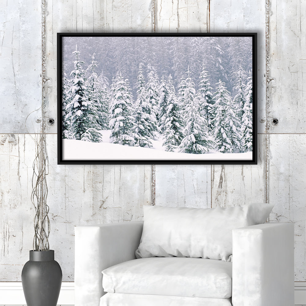 Snow Covered Pine Trees Canvas Wall Art, Framed Cavas Print, Floating Frame