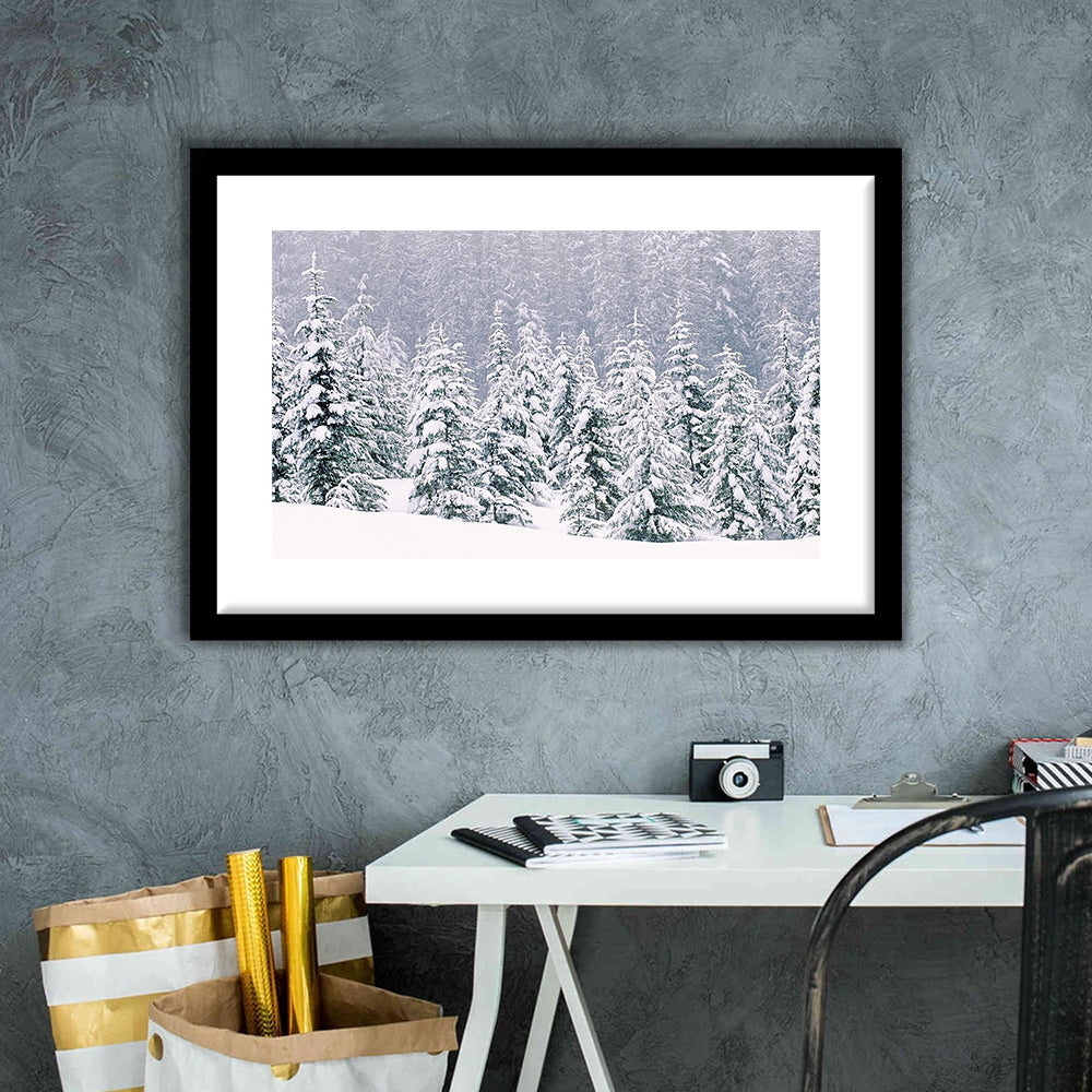 Snow Covered Pine Trees Wall Art, Framed Art Print White Border, Framed Picture
