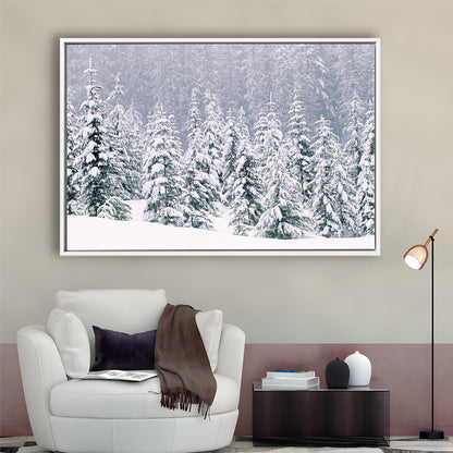 Snow Covered Pine Trees Canvas Wall Art, Framed Cavas Print, Floating Frame