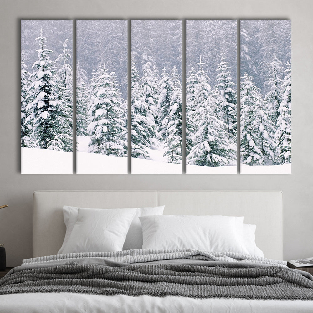 Snow covered pine trees Canvas Wall Art, 5 Piece B Extra Large Cavas Print Wall Art Decor