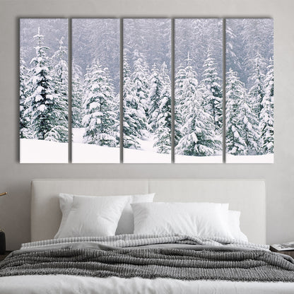 Snow covered pine trees Canvas Wall Art, 5 Piece B Extra Large Cavas Print Wall Art Decor