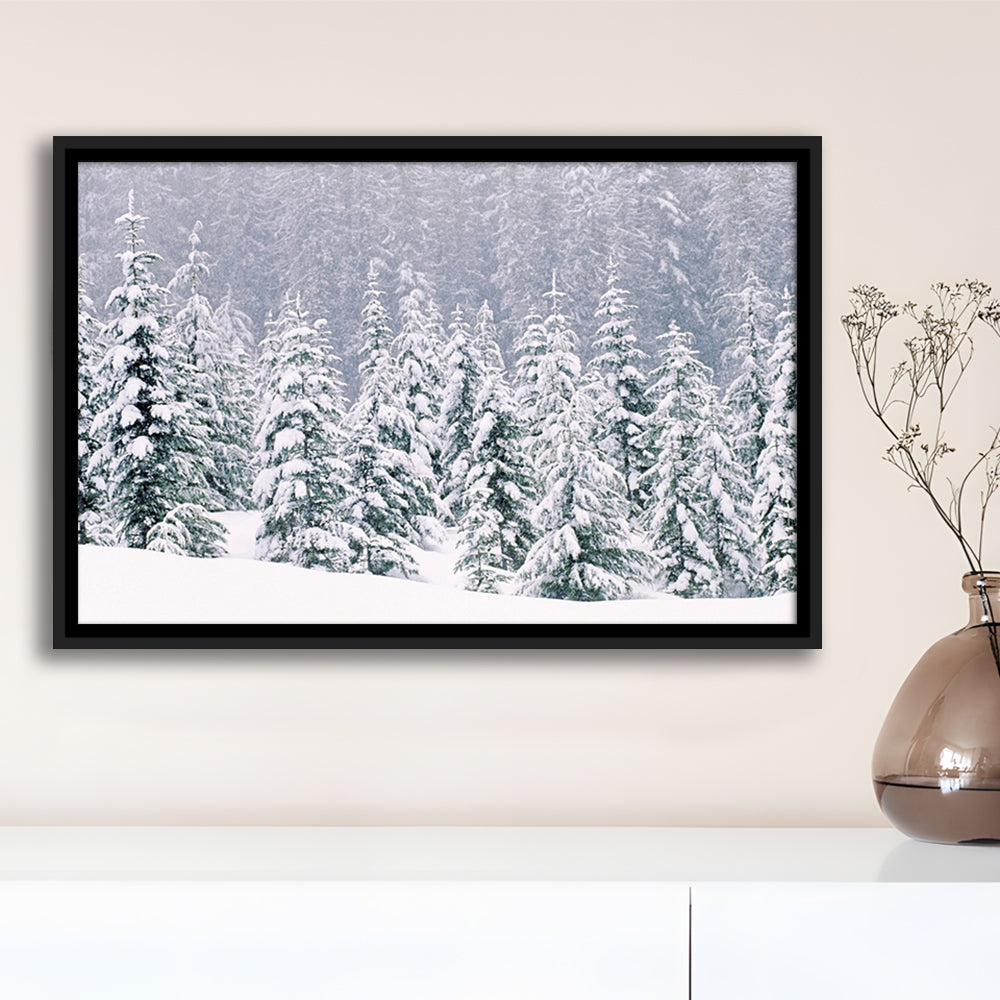 Snow Covered Pine Trees Canvas Wall Art, Framed Cavas Print, Floating Frame