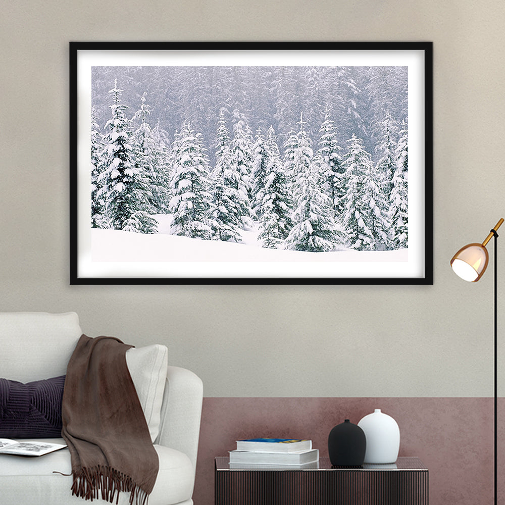 Snow Covered Pine Trees Wall Art, Framed Art Print White Border, Framed Picture
