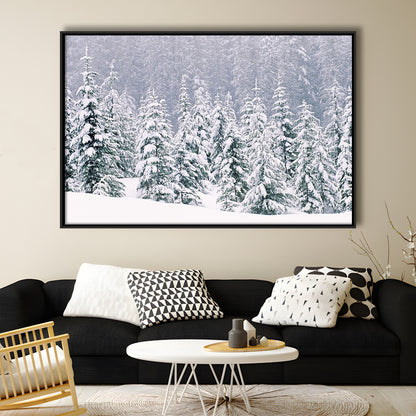 Snow Covered Pine Trees Canvas Wall Art, Framed Cavas Print, Floating Frame