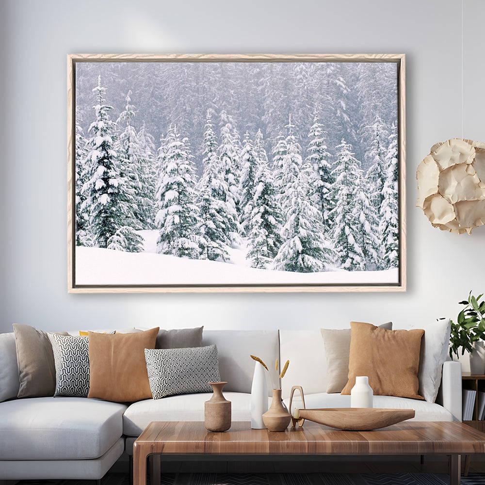 Snow Covered Pine Trees Canvas Wall Art, Framed Cavas Print, Floating Frame