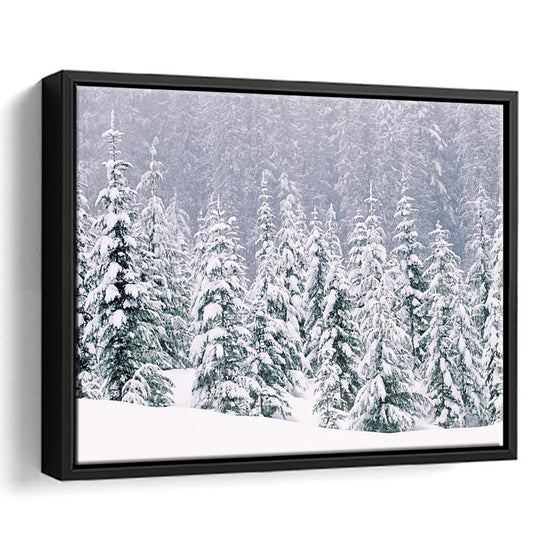Snow Covered Pine Trees Canvas Wall Art, Framed Cavas Print, Floating Frame