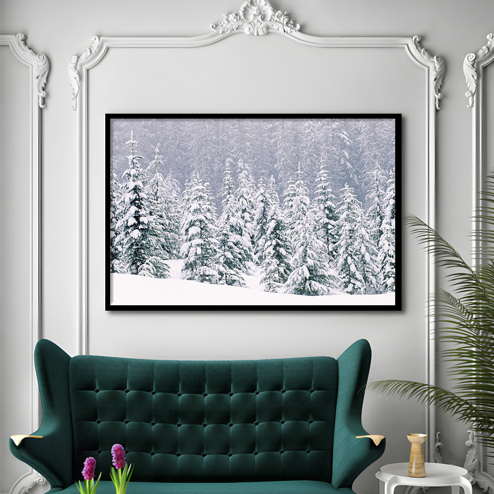 Snow Covered Pine Trees Art Wall Art, Framed Art Print, Picture Framed