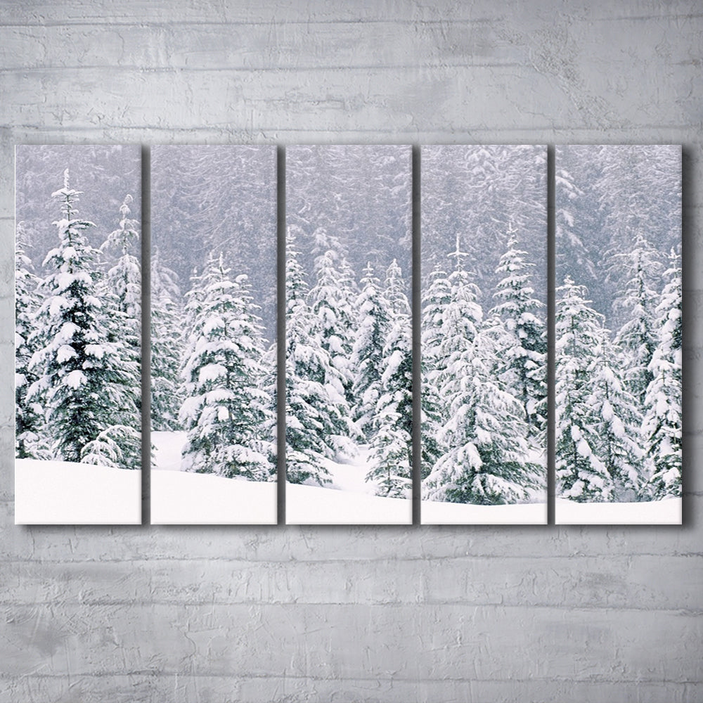 Snow covered pine trees Canvas Wall Art, 5 Piece B Extra Large Cavas Print Wall Art Decor