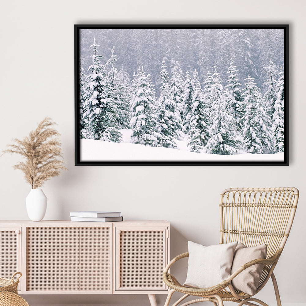 Snow Covered Pine Trees Canvas Wall Art, Framed Cavas Print, Floating Frame