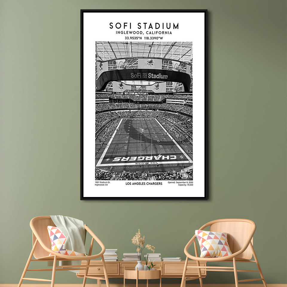 Sofi Stadium Black And White, Los Angeles Chargers Football Stadium Wall Art Print, Framed Canvas Prints Wall Art