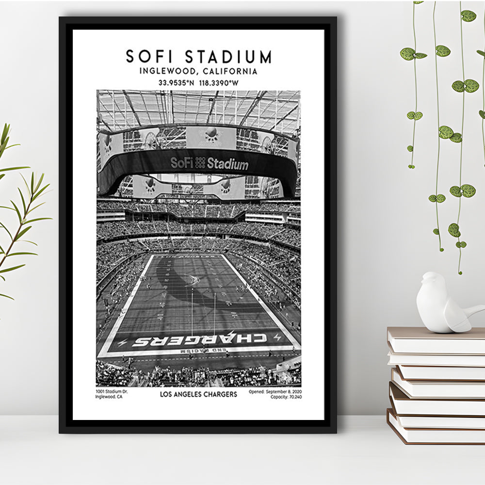 Sofi Stadium Black And White, Los Angeles Chargers Football Stadium Wall Art Print, Framed Canvas Prints Wall Art