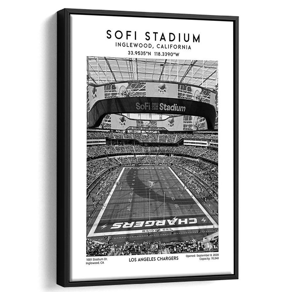 Sofi Stadium Black And White, Los Angeles Chargers Football Stadium Wall Art Print, Framed Canvas Prints Wall Art