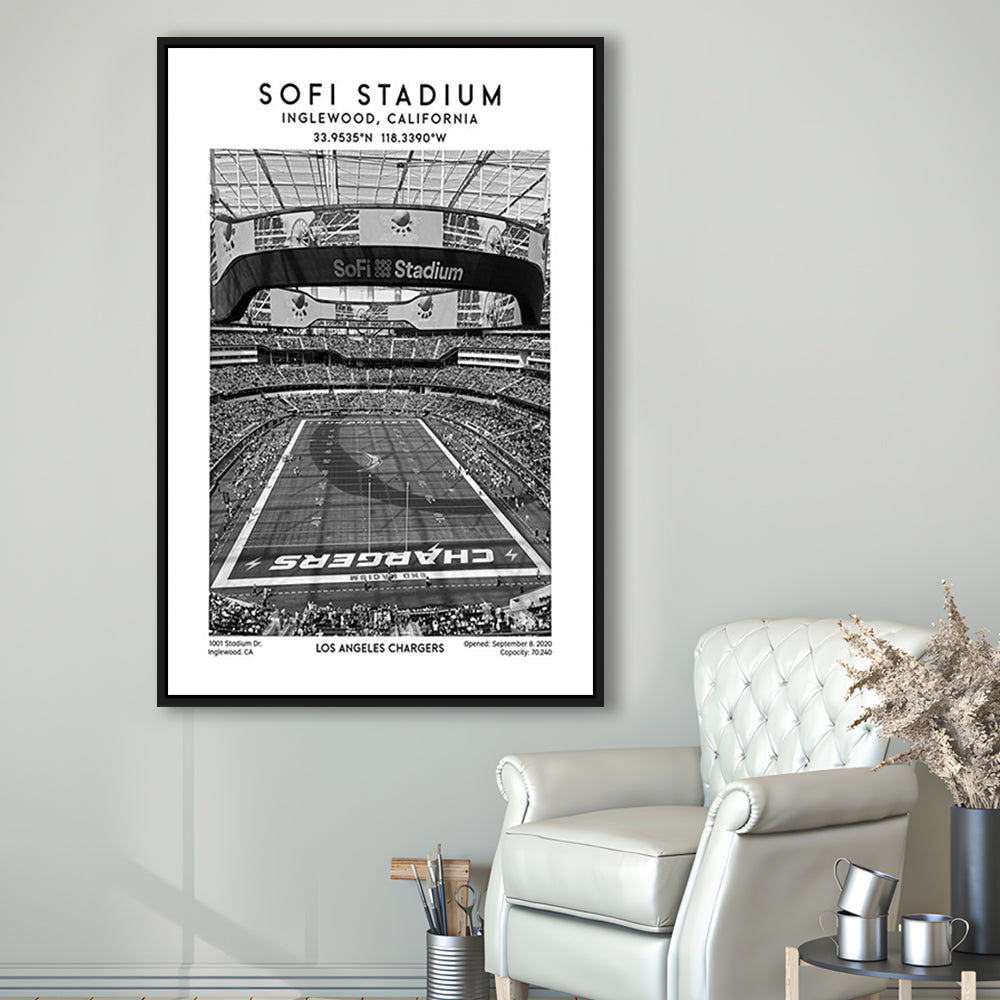 Sofi Stadium Black And White, Los Angeles Chargers Football Stadium Wall Art Print, Framed Canvas Prints Wall Art