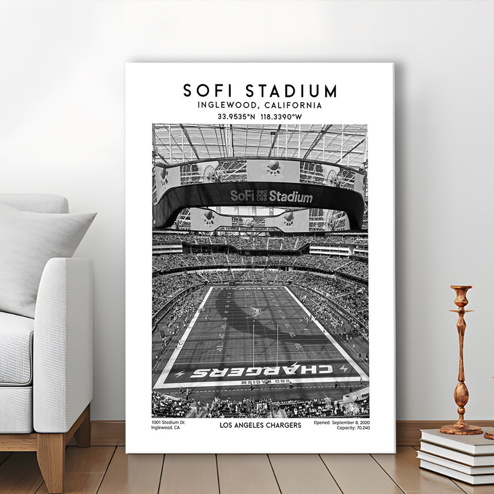 Sofi Stadium Black And White, Los Angeles Chargers Football Stadium Wall Art Print, Canvas Prints Wall Art, Man Cave Decor