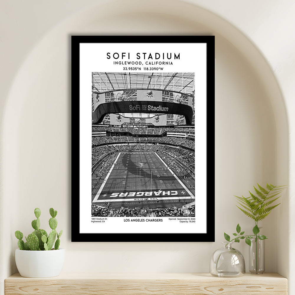 Sofi Stadium Black And White, Los Angeles Chargers Football Stadium Wall Art Print, Framed Art Prints Wall Decor