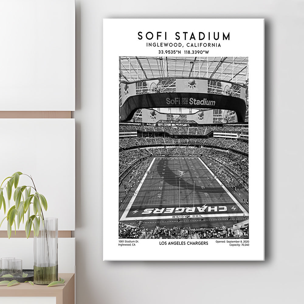 Sofi Stadium Black And White, Los Angeles Chargers Football Stadium Wall Art Print, Canvas Prints Wall Art, Man Cave Decor