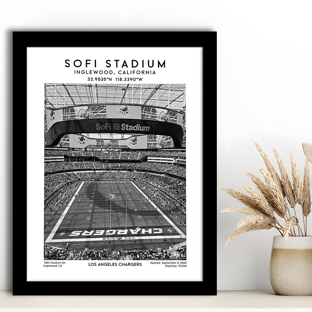 Sofi Stadium Black And White, Los Angeles Chargers Football Stadium Wall Art Print, Framed Art Prints Wall Decor
