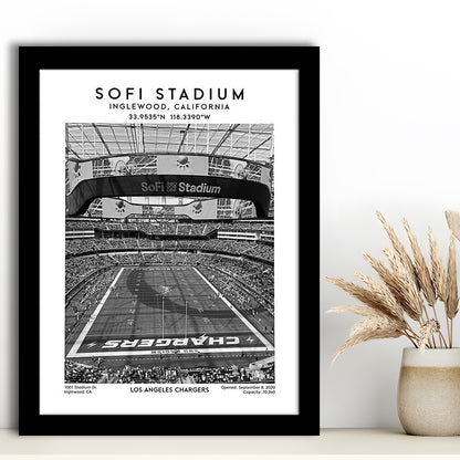Sofi Stadium Black And White, Los Angeles Chargers Football Stadium Wall Art Print, Framed Art Prints Wall Decor