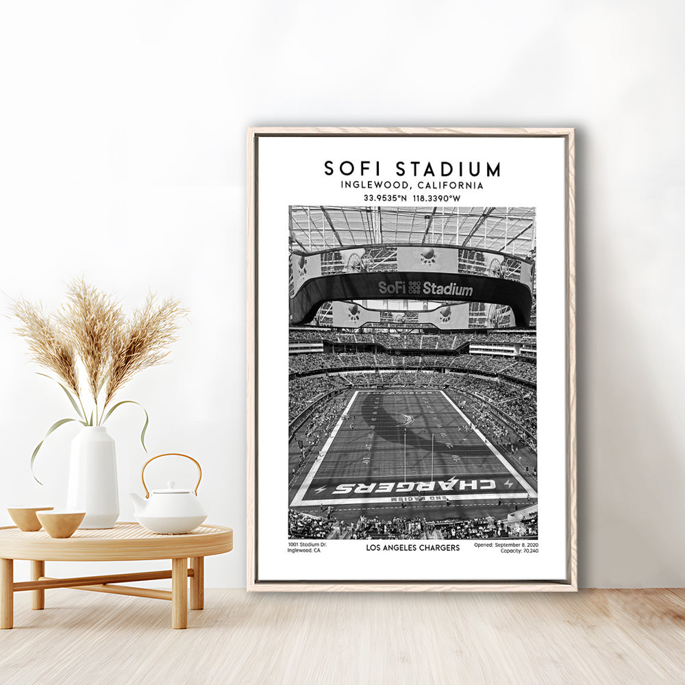 Sofi Stadium Black And White, Los Angeles Chargers Football Stadium Wall Art Print, Framed Canvas Prints Wall Art