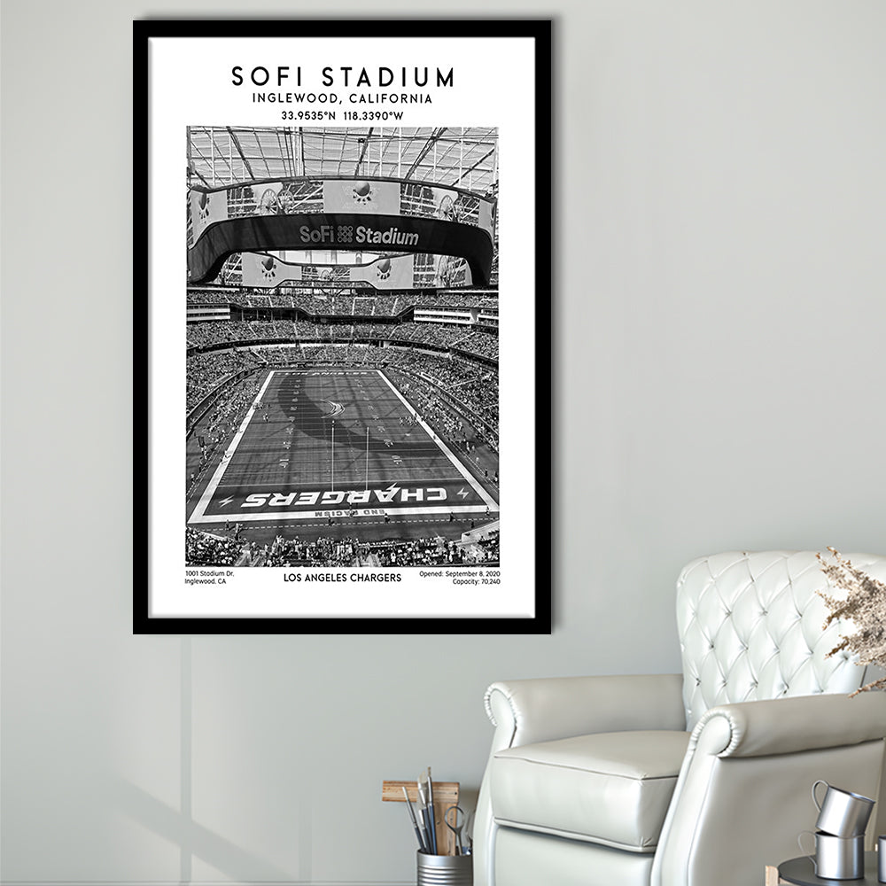 Sofi Stadium Black And White, Los Angeles Chargers Football Stadium Wall Art Print, Framed Art Prints Wall Decor
